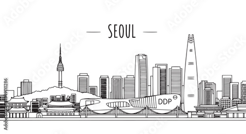 Seoul Cityscape Outline Illustration with Famous Landmarks