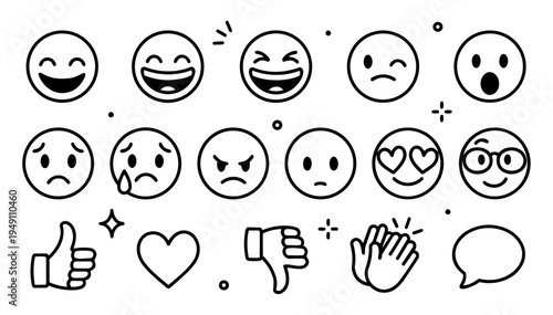 hand-drawn single line doodle vector set of emojis reactions and expressive faces illustrated in a playful sketchy outline style isolated on white background
