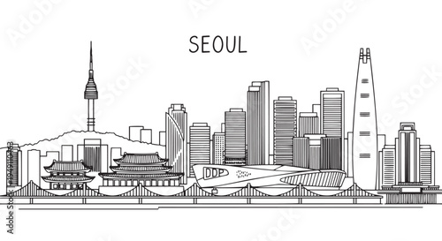 Seoul Skyline Illustration Black and White Architectural Design