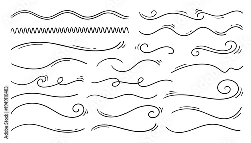 Hand drawn doodle vector set of wavy and curved lines in refined sketchy ink pen style with clean black outlines isolated on white background