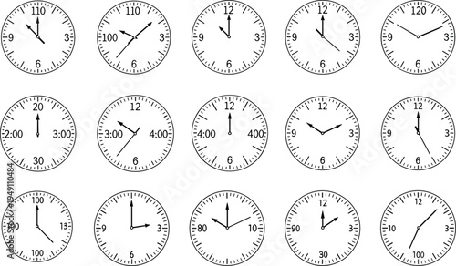 Set of analog clock faces showing different times minutes and hours minimal black line vector collection for time education schedule concepts illustration