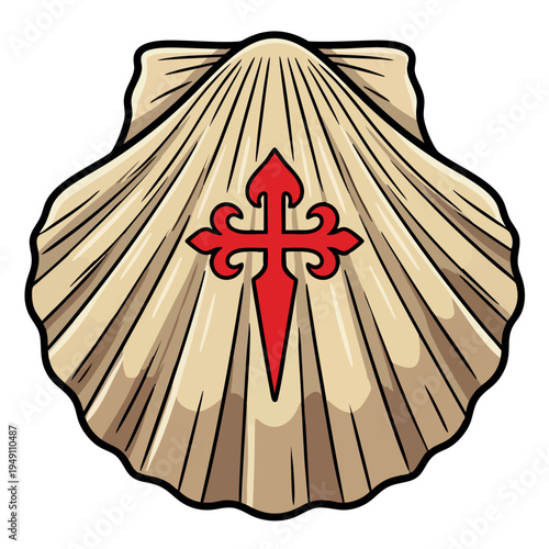 Scallop shell icon with Cross of Saint James symbol. Vieira Camino de Santiago