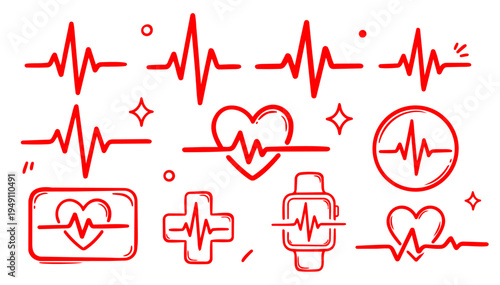 hand-drawn single line doodle vector set of heartbeat and pulse elements illustrated in a playful sketchy outline style isolated on white background