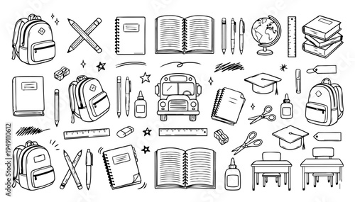 Hand drawn doodle vector set of school education elements and learning icons in sketchy outline style isolated on white background