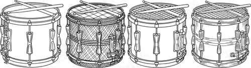 Snare drum set with drumsticks detailed black line vector illustration collection for marching band percussion music instrument equipment design