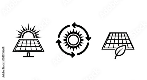 Solar Energy Icons Sun, Cycle, and Leaf
