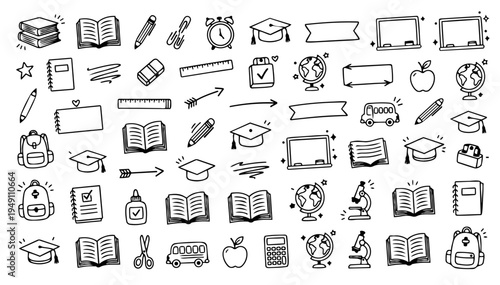 hand-drawn doodle vector set of school doodles illustrated in a playful sketchy outline style isolated on white background