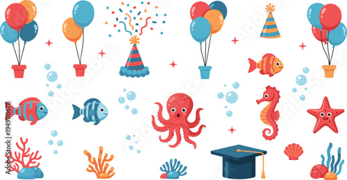 Collection of underwater sea creature vector illustrations featuring a graduation hat balloons and party elements for ocean themed school celebration and graduation designs.