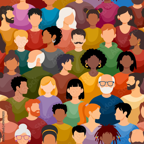 Crowd of different people. Seamless pattern, background. Diverse multicultural, multiracial group of people. Men, women, young, elderly, with various hairstyles, colourful clothes. Vector illustration