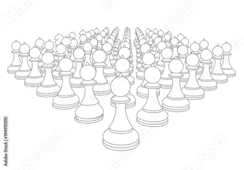 Large group of chess pieces standing.