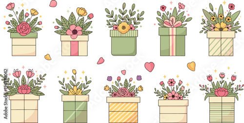 Set of cute flower gift box vector illustrations featuring floral bouquets and botanical elements in pastel colors for spring greeting card designs