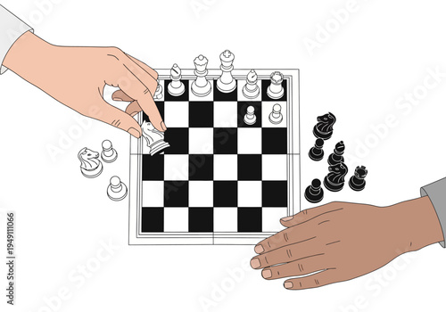 Two hands playing chess game.