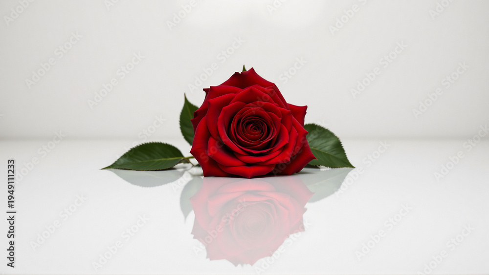 Fototapeta premium A single vibrant red rose delicately rests on a reflective white surface