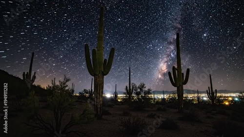 Time-lapse desert landscape showcasing saguaro cactus silhouettes transforming from daytime to the starry night sky over the mountains