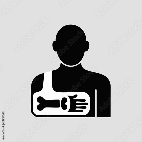 Black silhouette of a person with broken arm in sling and bone illustr