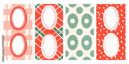 Four vertical banners with oval frames and patterned backgrounds