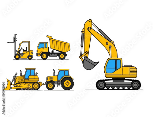 Construction Equipment Assortment: A detailed illustration showcasing a fleet of heavy machinery, including a bulldozer, excavator, dump truck, tractor and forklift, perfect for construction projects.