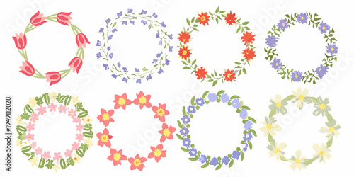 Colorful floral wreaths and garlands arranged in a grid pattern
