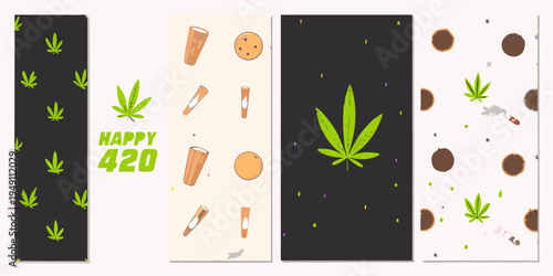 Colorful 420 themed patterns featuring cannabis leaves joints and cookies