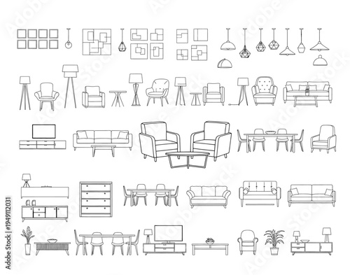 Interior Design Elements: A comprehensive assortment of essential furniture and decor elements, neatly arranged to inspire interior design concepts and showcase design possibilities.