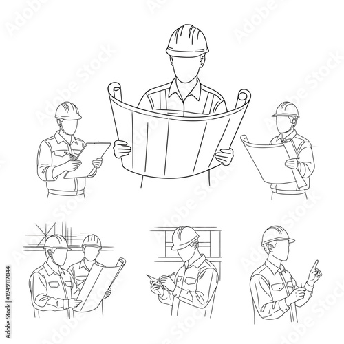 Engineering Blueprint Examination: An outline capturing engineering expertise, showcasing construction worker in diverse positions, deeply engrossed in blueprints and detailed plans 