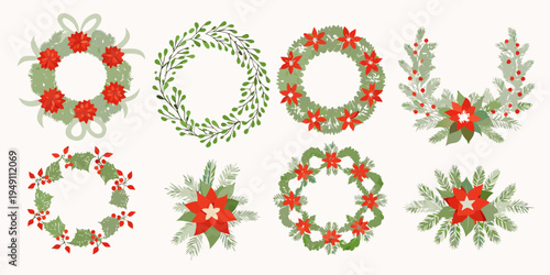 Collection of festive wreaths and botanical arrangements for holiday decorations