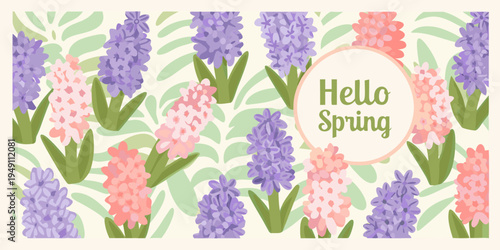 A colorful spring illustration featuring hyacinth flowers and a greeting