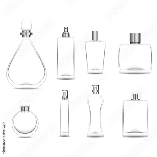 Fragrance Elegance: An array of exquisite, transparent perfume bottles showcases diverse shapes and designs, each a vessel of subtle scents and olfactory delight.