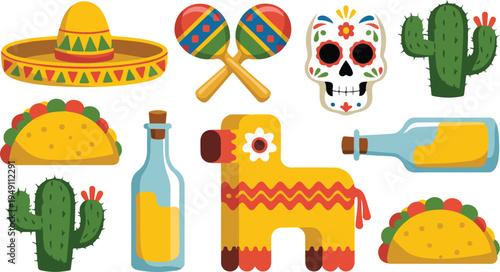 Vector illustration set of Mexican culture icons featuring traditional food, sugar skull, cactus, piñata, and fiesta elements in cartoon style
