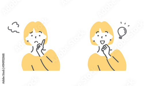 悩みとひらめきの若い女性のイラスト素材セット