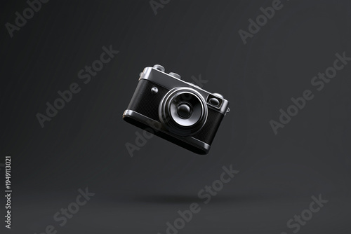 3D render of an early digital camera in silver and black plastic with chrome lens floating on dark gradient