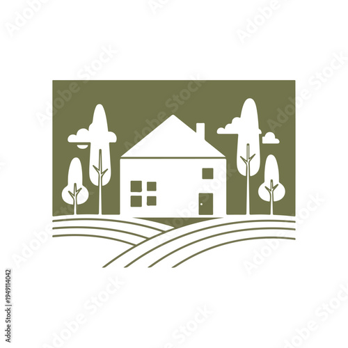 Illustration of a house with trees and rolling hills, representing rural architecture and nature.