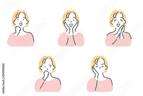 女性の喜怒哀楽イラストセット　喜ぶ　笑顔　怒る　困る