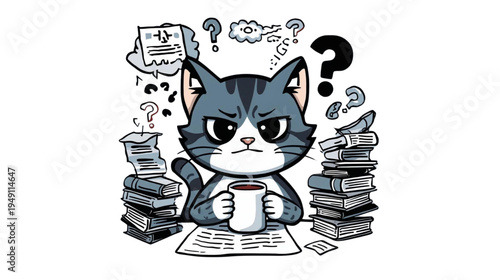 Stressed Cat Studying Hard with Coffee and Books Illustration