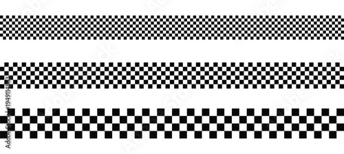 Checkered racing flag border set. Black and white checker pattern strip. Motorsport finish line banner.
