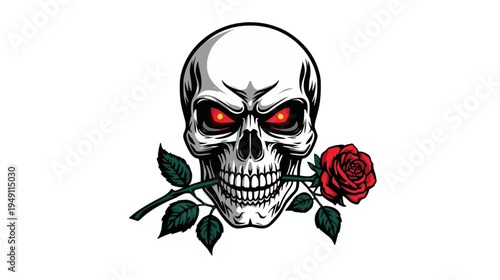 Skull with Glowing Red Eyes and a Red Rose on Transparent Background