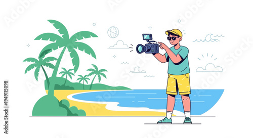 Filmmaker Captures Tropical Beach Paradise with Palm Trees and Ocean View