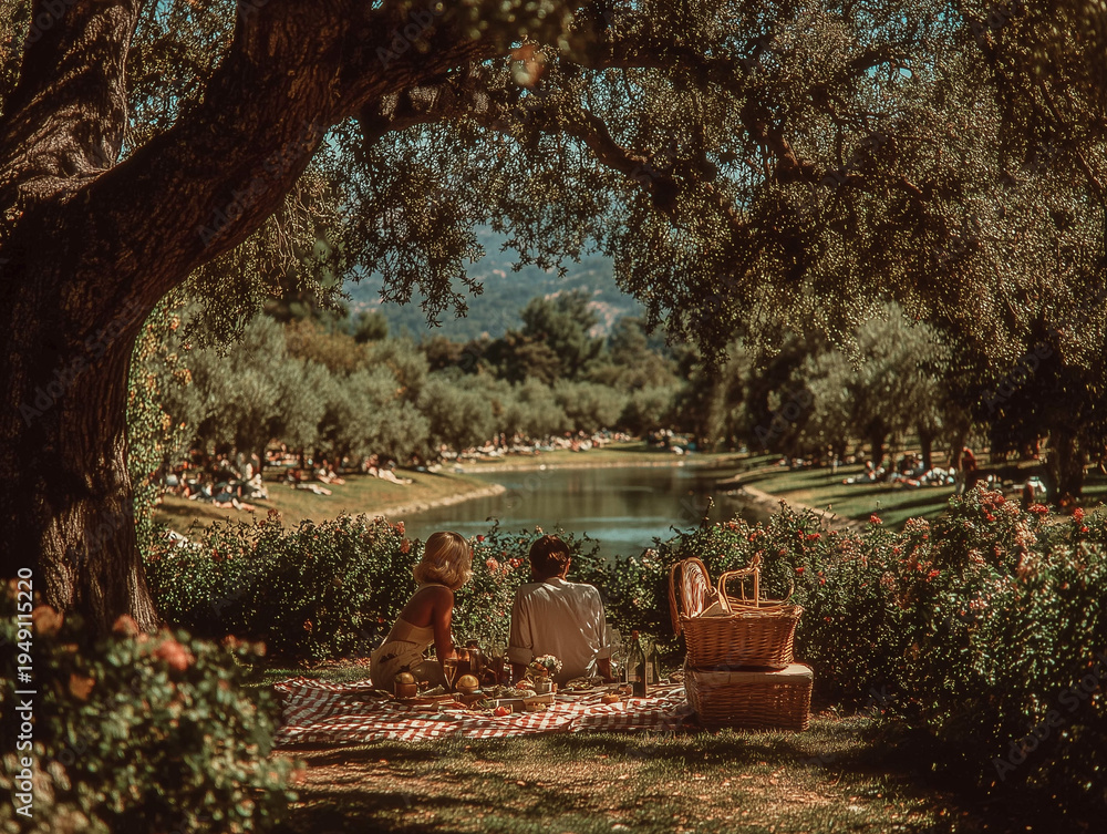 Obraz premium Young couple enjoying a picnic on a checkered blanket with wicker basket in park during warm dappled sunlight