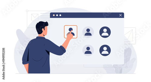 Man selecting user profile from digital interface, online recruitment, HR, team management