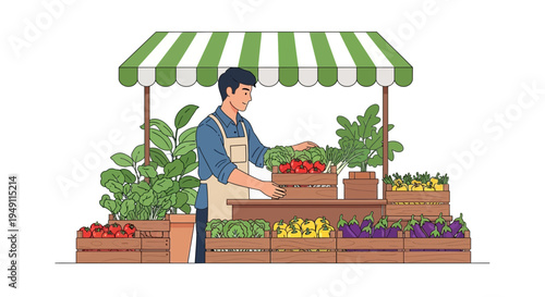 Man selling fresh organic vegetables at a market stall with colorful produce
