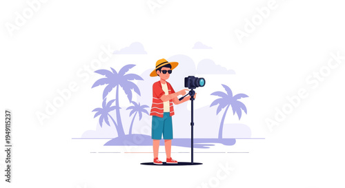 Photographer with camera on tripod on tropical beach, vacation photography concept