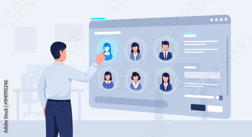Man selects profile from digital interface with employee avatars on screen