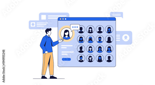 Man selects profile from online user interface with avatars and chat bubbles