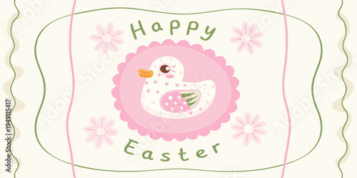 A charming illustration of a duckling with flowers and the text happy easter