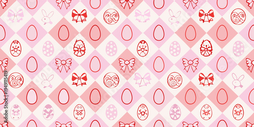 A repeating pattern of easter eggs bows and bunnies in pink hues