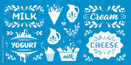 Stylized illustration of dairy products milk cream yogurt and cheese