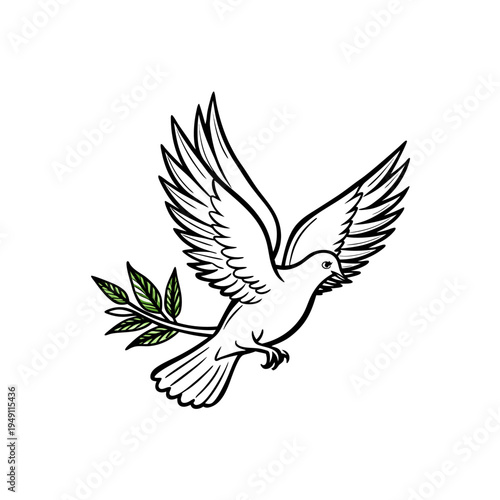 A white dove with outstretched wings carries a green olive branch in its beak.