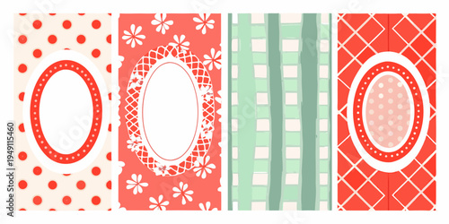 Four decorative patterned panels with oval frames vector illustration