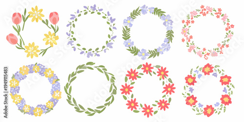 Floral wreaths and bouquets in various colors and arrangements