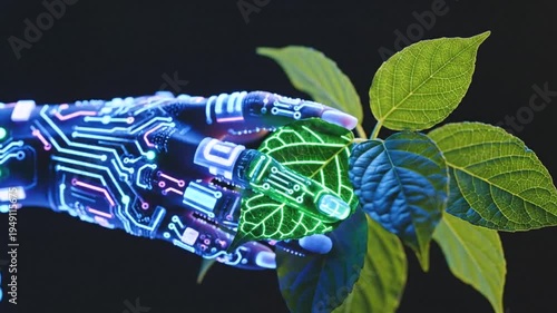 Robotic hand holding a green seedling with circuit board pattern, symbolizing technology and nature.